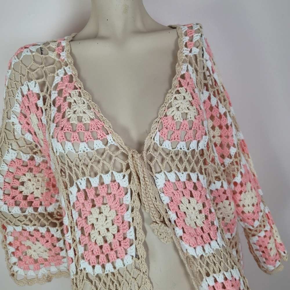 POL Kauai Crochet Long Tie Cardigan In Blush Beige Size Medium Granny Squares - Picture 8 of 14